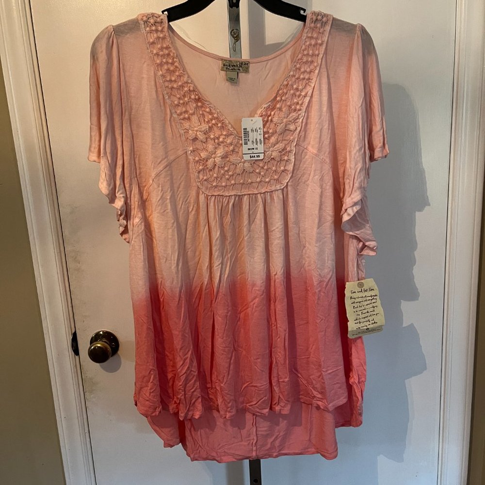 One World Womens Peasant Top, Notched Scoop Neck, Lace Embroidered Bib Front, 2X